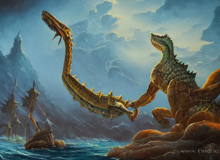 Image similar to the trojan crocodile of persian myth. style of rhads and anato finnstark