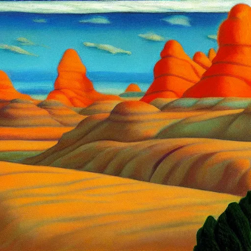 Image similar to badlands made of cupcake icing, grant wood, pj crook, edward hopper, oil on canvas