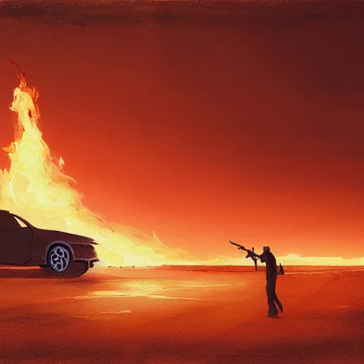 Image similar to A car on fire in a desert while the silhouette of a man is watching this sad spectacle | painting by Greg Rutkowski