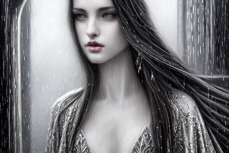 Image similar to highly detailed portrait of a beautiful girl in the rain with wet dark hair and pale skin, ornate elegant silver robes, fantasy, intricate, elegant, dramatic lighting, emotionally evoking symbolic metaphor, highly detailed, lifelike, photorealistic, digital painting, artstation, concept art, smooth, sharp focus, illustration, art by John Collier and Albert Aublet and Krenz Cushart and Artem Demura and Alphonse Mucha