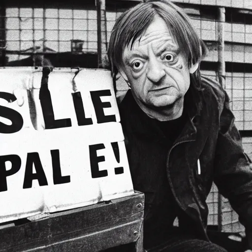 Image similar to mark e smith uncomfortably crouched in a small cage with a sign that says for sale