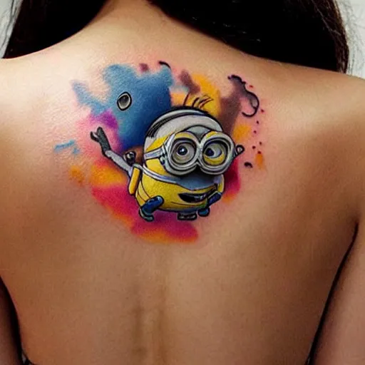 Image similar to tattoo of minion on female back, epic, colorful, beautiful, intricate detail