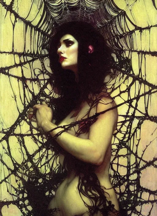 Prompt: a beautiful terrifying painting dark gothic close up woman in a spider web, by raymond swanland, gaston bussiere craig mullins alphonse mucha basil gogos norman rockwell takato yamamoto, wlop, moebius syd mead roger dean