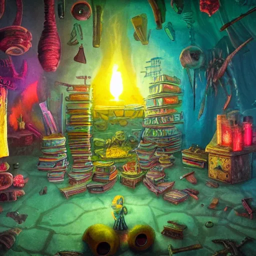 Prompt: these monsters are consumed by fire, yet they remain unharmed. they are surrounded by the tools of the alchemist's trade - beakers and test tubes full of colorful liquids, crystals, and books of ancient knowledge. the scene is suffused with an eerie glow, as if something magical is happening here.