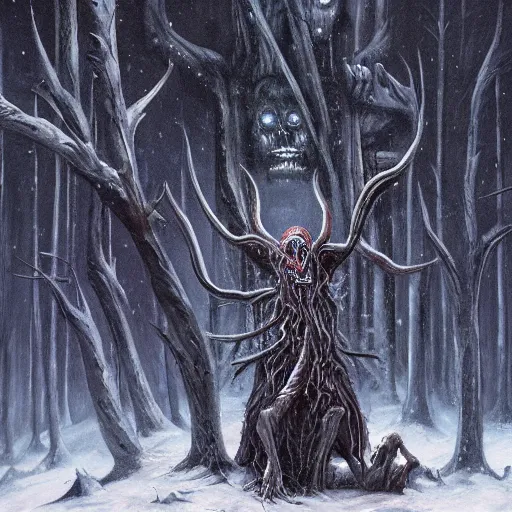Prompt: cloaked humanoid wendigo feasting, nighttime located in a snowy dark forest, lurking horror, dungeons and dragons, magic the gathering, forboding, high detail, oil painting, style of seb mckinnon