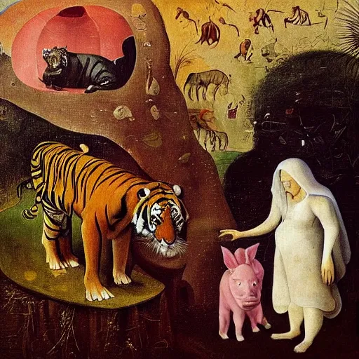 Image similar to in a dream world, a tiger tries to close an important deal, a pig tries to prevent the success of the deal, in the style of hieronymus bosch, part by victor stabin, part by afro, part by cagli, epic composition, insanely quality, only with red and crimson colors, masterpiece