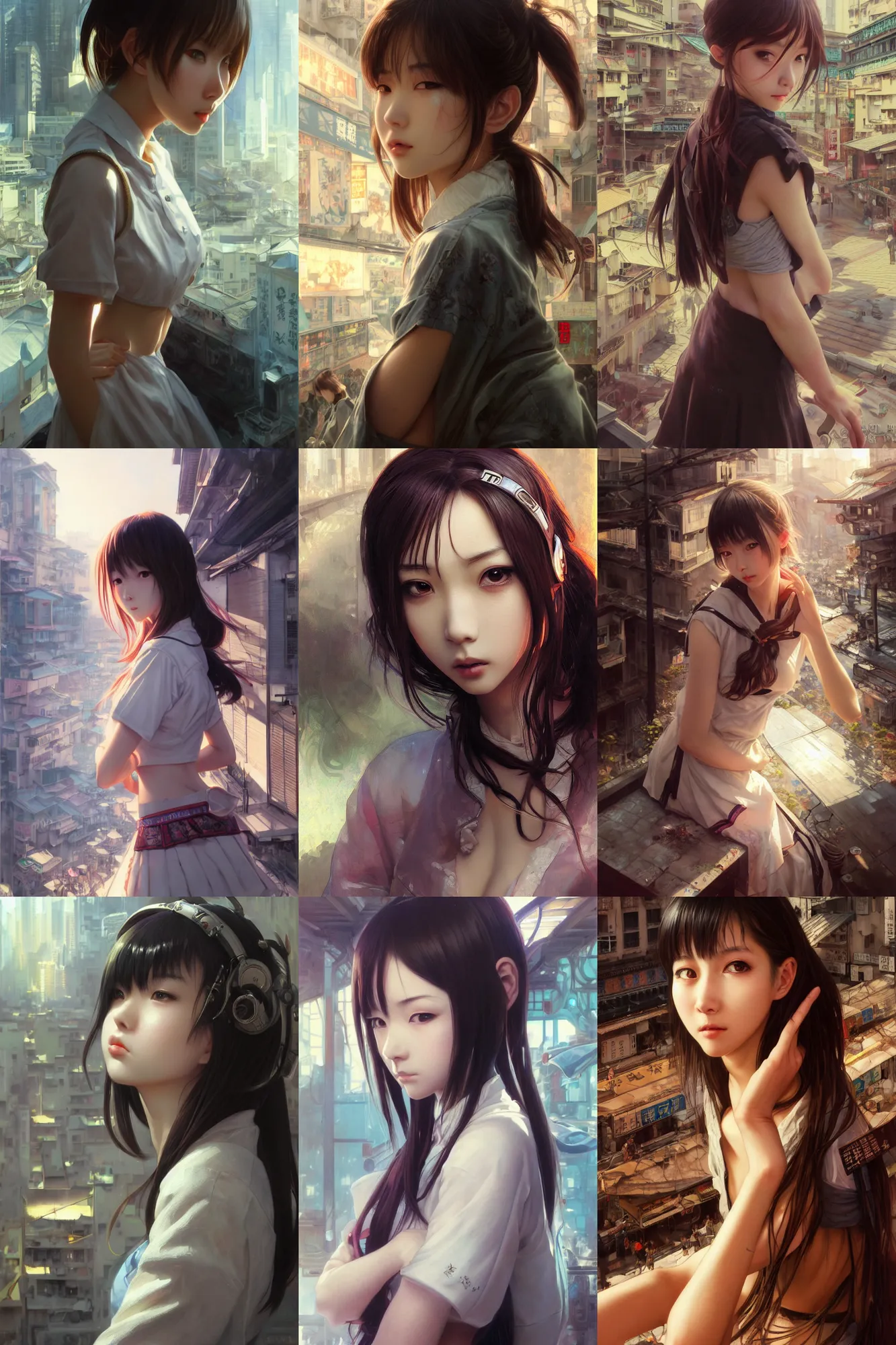 Prompt: ultra realistic beautiful kowloon techno art, beautiful alluring anime schoolgirl, gorgeous face and figure, sci - fi, intricate, elegant, highly detailed, digital painting, artstation, concept art, smooth, sharp focus, illustration, beautiful sunlight and shadows, art by tian zi and yuxiang chen and alphonse mucha and greg rutkowski and wlop