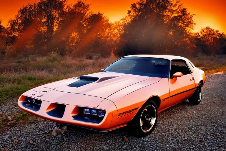 Image similar to pontiac firebird with grafitti tag on side, sunrise, dramatic, cinematic, forest, sunbeams, volumetric lighting, wide shot, low angle