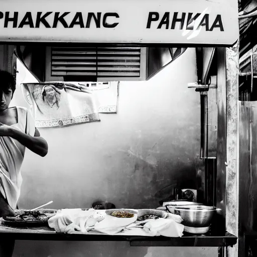 Prompt: a photograph of pikachu, with a towel over his neck, flipping roti prata at a hawker stall in singapore, nikkor 3 5 mm f / 4. 5, press photography