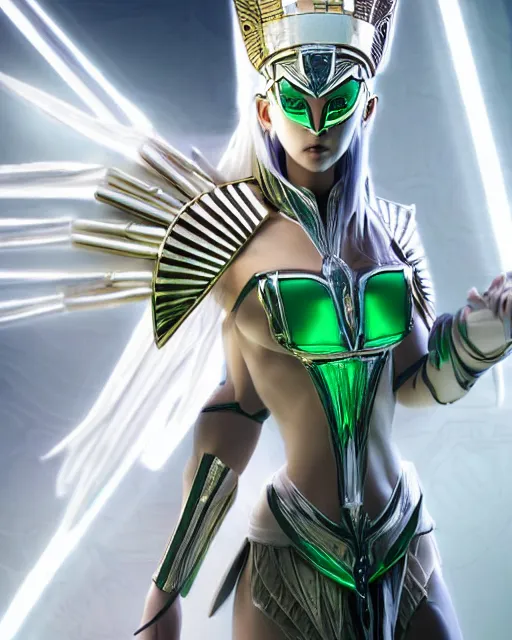 Image similar to perfect white haired attractive egyptian goddess, warframe armor, pharaoh headdress, beautiful, symmetric, dreamy, half asian, pretty face, green eyes, charlize theron, detailed, scifi platform, laboratory, experiment, 4 k, ultra realistic, epic lighting, android body, illuminated, cinematic, masterpiece, art by akihito tsukushi, voidstar