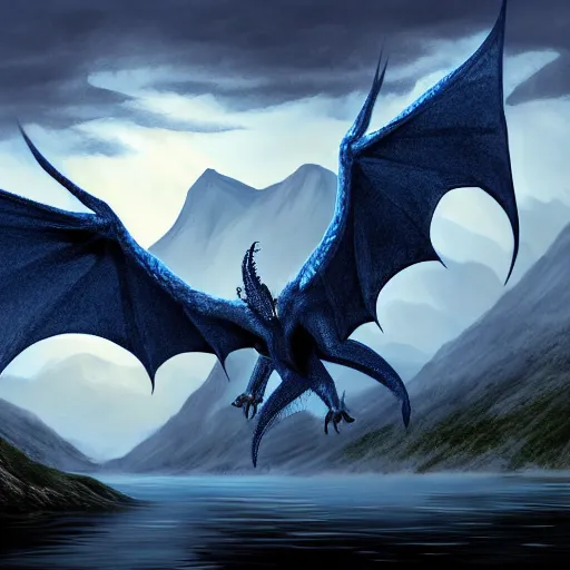 Prompt: dark blue dragon flying over a island in lake with a person, mist, fog, lightning and thunder, mountains in background, detailed digital painting, dungeons and dragons, trending artstation