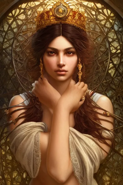 Prompt: beautiful and enigmatic persian princess held captive in a remote research facility. vulnerability and innocence, ultra realistic, sharp details, subsurface scattering, intricate details, warm lighting, beautiful features, highly detailed, photorealistic, octane render, 8 k, unreal engine, art by artgerm and greg rutkowski and alphonse mucha