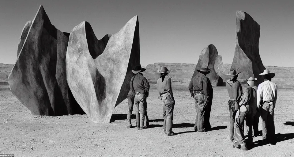 Image similar to film still showing cowboys looking at a gigantic abstract sculpture in the desert directed by Sergio Leone, western, monument valley, cinemascope, technicolor