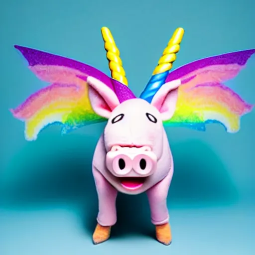 Image similar to studio photograph of a happy flying pig with wings with a unicorn horn depicted as a muppet