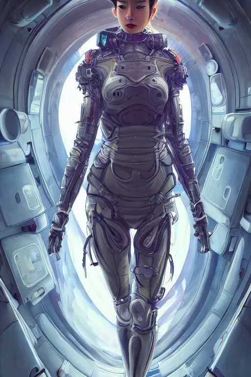 Image similar to portrait futuristic beautiful Asian trending on artbreeder Airforce armored pilot Girl, at inside of future fighter aircraft, ssci-fi, fantasy, intricate, very very beautiful, elegant, human anatomy, neon light, highly detailed, digital painting, artstation, concept art, soft light, smooth, sharp focus, illustration, art by tian zi and WLOP and alphonse mucha