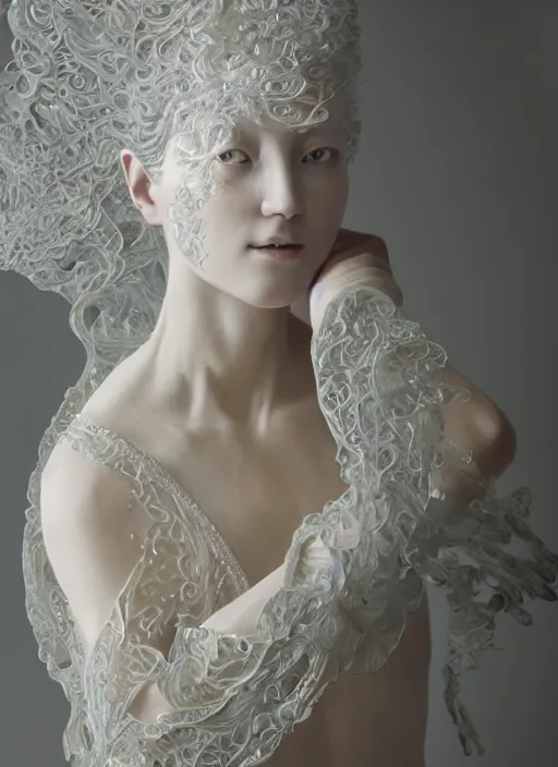 Image similar to opalescent marble sculpture of beautiful woman dissolving into shimmering dust, diaphanous, ivory carving, pearlescent, caustics, fractal paisley inlay, lace, intricate, elegant, highly detailed, digital photography, by ruan jia and greg rutkowski