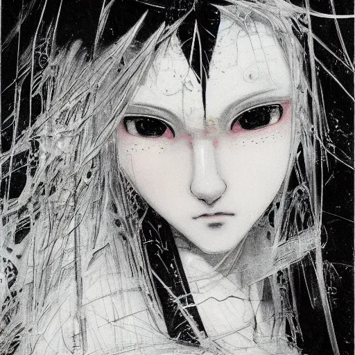 Image similar to yoshitaka amano blurred and dreamy of an anime girl with black eyes, wavy white hair and cracks on her face near eyes wearing elden ring armour with the cape fluttering in the wind, abstract black and white patterns on the background, noisy film grain effect, highly detailed, renaissance oil painting, weird portrait angle