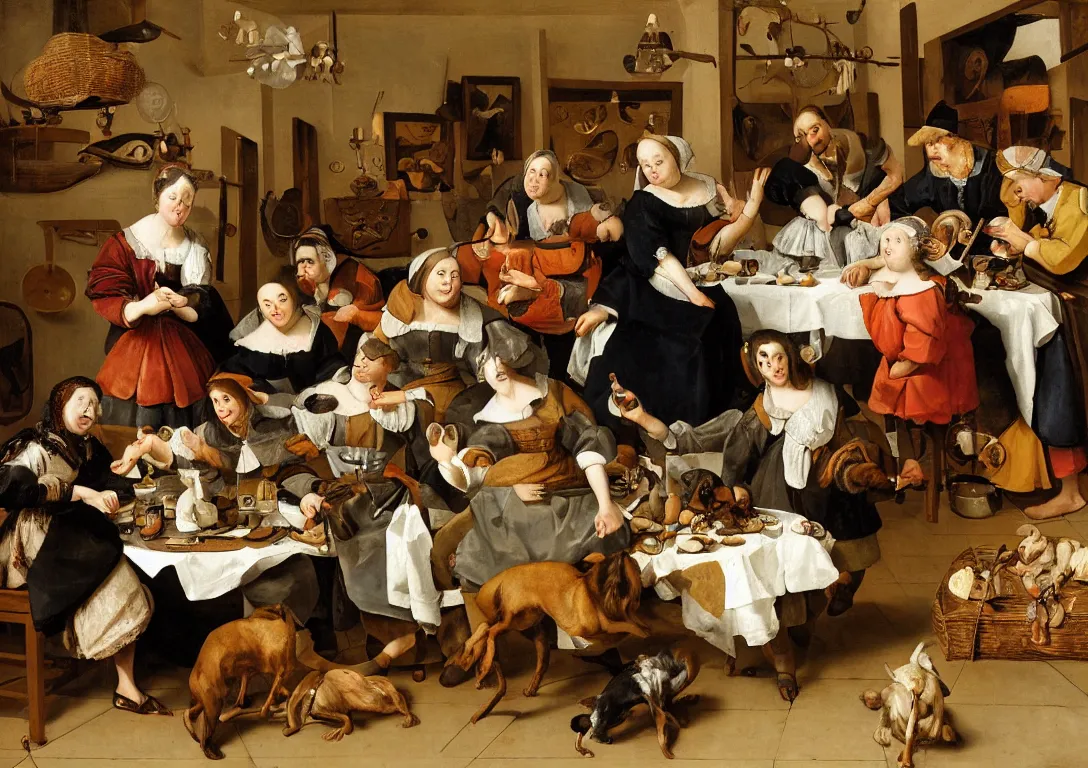 Prompt: Jan Steen arranges the various actors as though on a theatre stage. The gentle depth of the close up composition is based on a triangle, with the magnificently dressed young woman at its front. The lady of the house, has fallen asleep at the table on the left. The dog is finishing the meat pie that was served on the table, one of the children is filching something from the cabinet on the wall, the little girl’s brother is trying out a pipe, and the youngest child, sitting in his highchair, is playing carelessly with a string of pearls. His attention diverted to the side, a young man is trying to play a violin. On the right side the doorway leads to another room, but is obstructed with a pig.