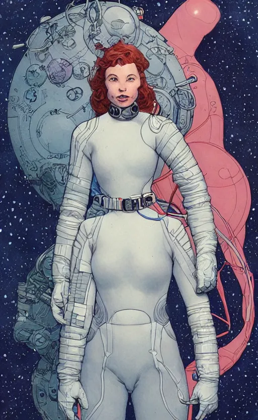 Image similar to a beautiful woman in a future space suit artwork by james jean, Phil noto and rebecca guay