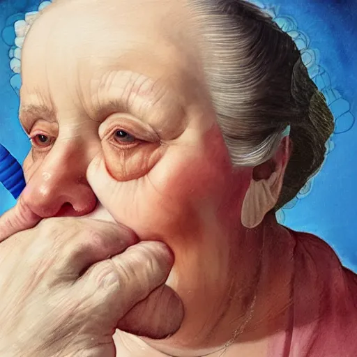 Prompt: a very funny stylize oil painting in renaissance style of a sweet fat old woman kissing her reflection. symmetry face, red mouth, blue eyes. flowery dress. hyper realistic scene. 3 d, octane render, deep focus, white scene. very funny and sweet image. unreal engine. watercolor. fellini style. pencil drawing style.