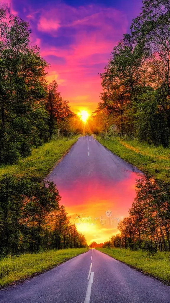 Image similar to beautiful sunset with a rural road of aligned trees, epic stock photo