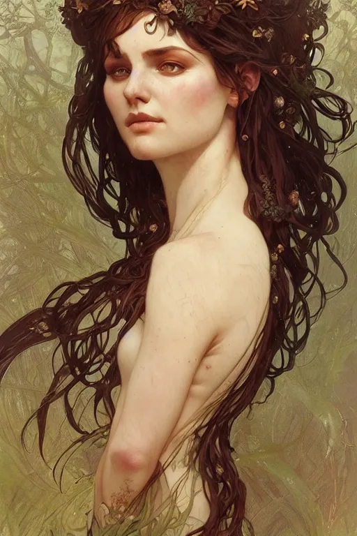 Image similar to A full portrait of an ancient noridc dryad, intricate, elegant, highly detailed, digital painting, artstation, concept art, smooth, sharp focus, illustration, art by Krenz Cushart and Artem Demura and alphonse mucha