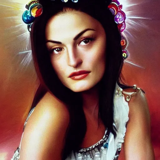 Image similar to a young Mädchen Amick as she appeared in Twin Peaks as Goddess of gems looking at you intensely with seductively serious eyes while wearing a head covering. ultra detailed painting at 16K resolution and epic visuals. epically surreally beautiful image. amazing effect, image looks crazily crisp as far as it's visual fidelity goes, absolutely outstanding. vivid clarity. ultra. iridescent. mind-breaking. mega-beautiful pencil shadowing. beautiful face. Ultra High Definition.