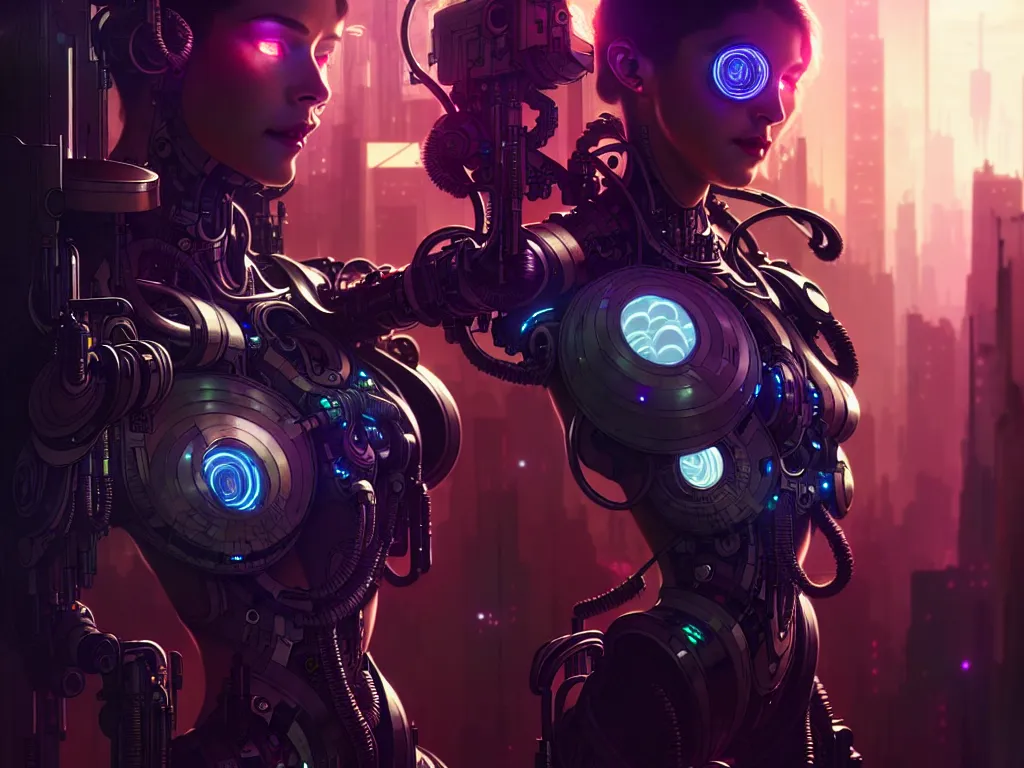 Image similar to ultra realistic, beautiful female cyborg in a crowded smoky cyberpunk club in space megalopolis, sci-fi, intricate details, eerie, highly detailed, octane render, 8k, art by artgerm and alphonse mucha and greg rutkowski