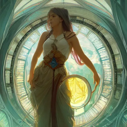 Image similar to a young and powerful goddess trapped in a dome, bubble, prisoner, panicking, lightning, energy bursts, highly detailed, digital painting, artstation, concept art, sharp focus, cinematic lighting, illustration, art by artgerm and greg rutkowski, alphonse mucha, cgsociety