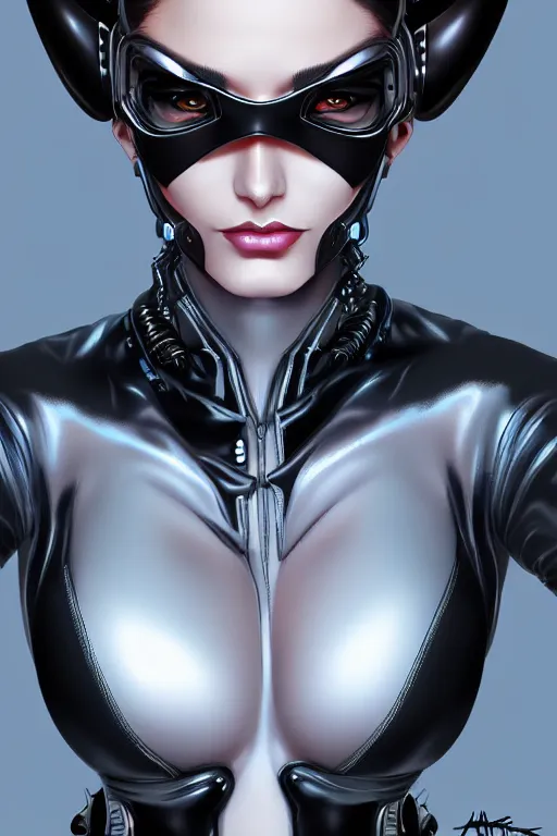 Image similar to portrait of a cyberpunk catwoman with biomechanichal parts by Artgerm, hyper detailled, trending on artstation