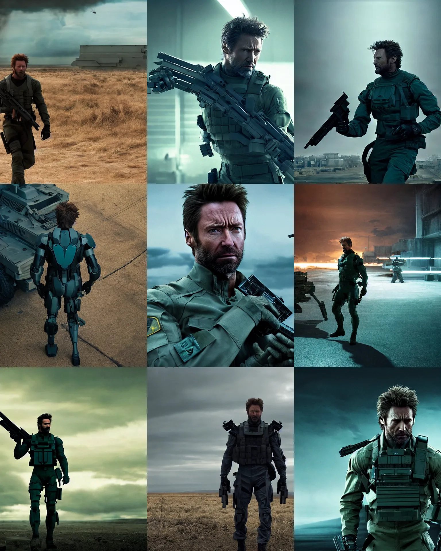 Prompt: denis villeneuve movie still of hugh jackman as solid snake by greg rutkowski in a miltary base, holding a gun, metal gear mecha in the background, rack focus, close establishing shot, dramatic spot lighting, monochromatic teal, dark teal lighting, 4 k digital camera