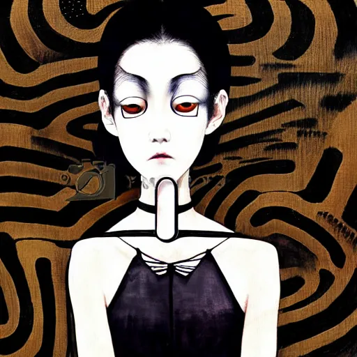 Image similar to yoshitaka amano blurred and dreamy realistic three quarter angle portrait of a young woman with black lipstick and black eyes wearing dress suit with tie, junji ito abstract patterns in the background, satoshi kon anime, noisy film grain effect, highly detailed, renaissance oil painting, weird portrait angle, blurred lost edges