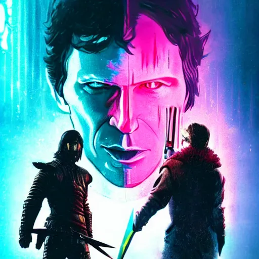 Image similar to todd howard with a switchblade knife, forcing you to buy skyrim, threatening, sharp, cinematic, colorful, digital art, neon, bright, cyberpunk, blade runner 2 0 4 9, realism, bold