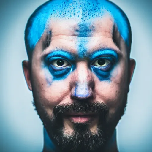 Image similar to fish eye lens close up photograph of a blue skin man with a goatee side eyeing the camera with a sympathetic look