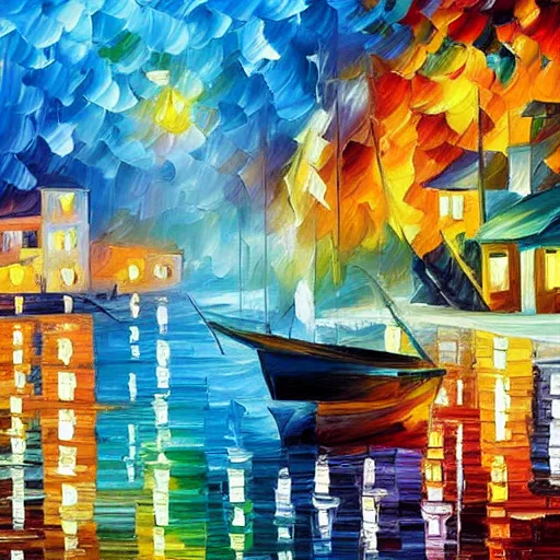 Image similar to beautiful cityscape of a seaside village in the style of leonid afremov