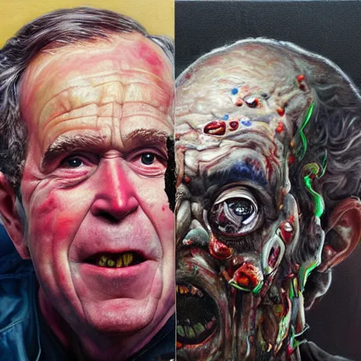 Prompt: George Bush, hyper-realistic oil painting, Body horror, biopunk, by Ralph Steadman, Francis Bacon, Hunter S Thompson