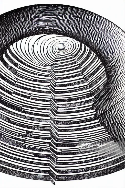 Prompt: spiraling tunnel of bookshelves, art by james o barr and albrecht durer, surreal woodcut engraving, black and white, vector, vector art