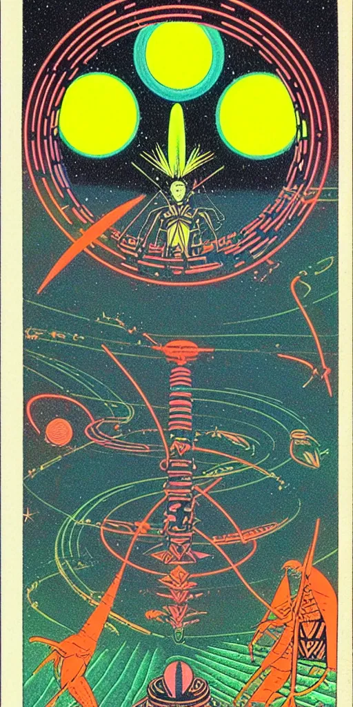 Image similar to 1968 science fiction tarot card, cut out collage, neon Aztec, spring on Saturn, epic theater, deep sea, mountain plants, drawings in part by moebius, part by Ernst Haekl, text by William S Boroughs,