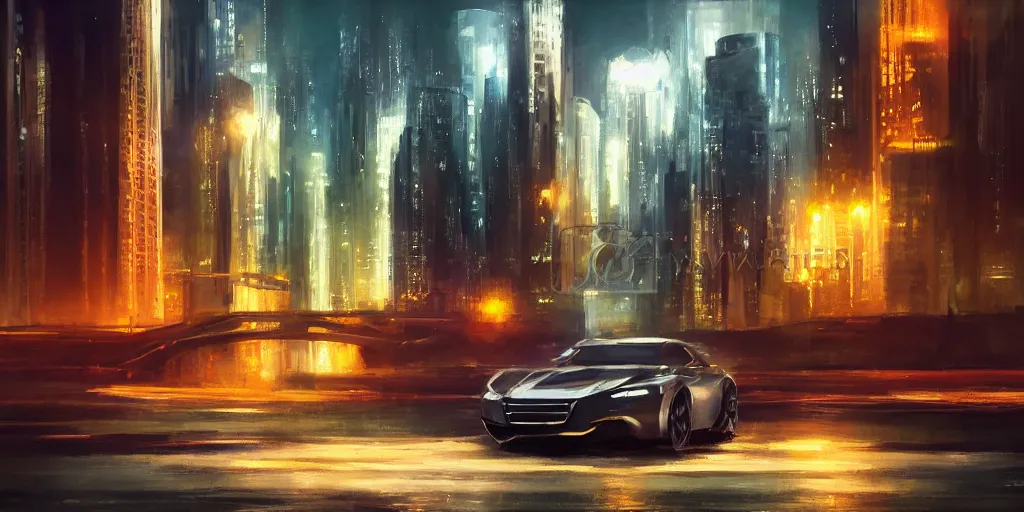 Image similar to a runabout in futuristic cityscape at night, soft lighting, realistic painting