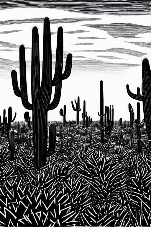 Prompt: art by brian reedy, a beautiful black ink linocut print of a giant cactus field, 8 k, frostbite 3 engine, cryengine, ground level shot, dof, trending on artstation, digital art, crepuscular ray