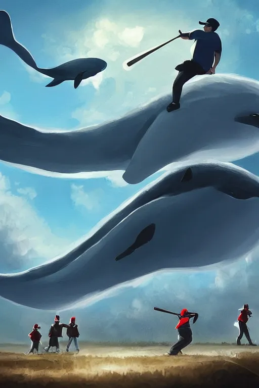 Image similar to people playing baseball while whales fly in the sky, digital art, artstation trending, digital painting