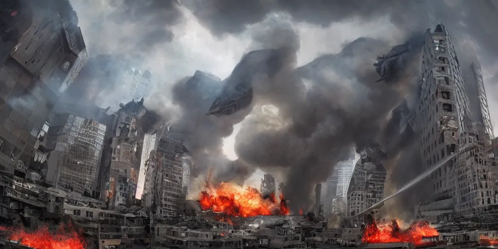 Image similar to wide angle photo, a epic side robot pig machine breaking down buildings on fire in a city, in the style of a kaiju monster movie