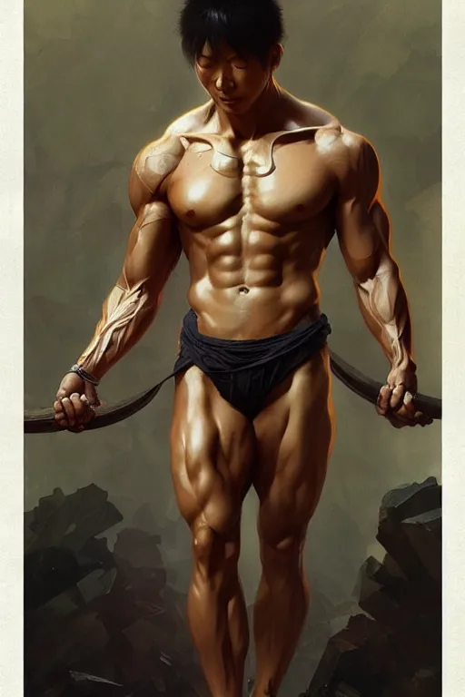 Image similar to Japanese god, gorgeous, amazing, muscular, fit, very muscular male body, intricate, highly detailed, digital painting, artstation, concept art, sharp focus, illustration, art by greg rutkowski and alphonse mucha