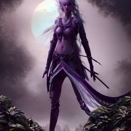 Image similar to soft painting curiosities ornaments synthwave, beautiful elven female warrior in full long dress, accurate features, focus, very intricate ultrafine details, black white purple volumetric clouds, award winning masterpiece, octane render 8 k hd, fantasy forest