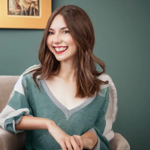 Image similar to Render of a cute 3d young woman smiling, long shiny bronze brown hair, full round face, emerald green eyes, medium skin tone, light cute freckles, smiling softly, wearing casual clothing, relaxing on a modern couch, interior lighting, cozy living room background, medium shot, mid-shot, soft focus, trending on Artstation, Unreal Engine 5 , 4k, professional photography, Portra 400