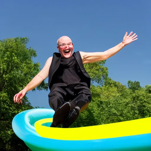 Image similar to a priest on a water slide, laughing, professional photography