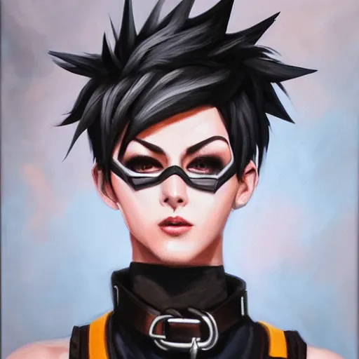 Prompt: oil painting of punk tracer overwatch in a field wearing very large black leather belt choker collar around neck, in style of mark arian, expressive face, very detailed face, very detailed eyes, full body, feminine face, detailed makeup on eyes, tracer overwatch,