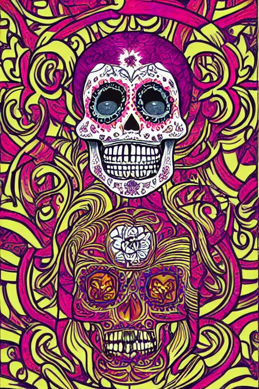 Prompt: illustration of a sugar skull day of the dead girl, art by douglas smith