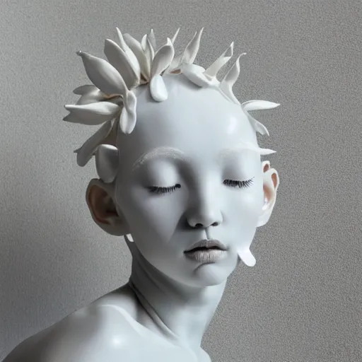 Image similar to full head and shoulders, beautiful female porcelain sculpture by daniel arsham and james jean, smooth skin. all white features on a clear white background, delicate facial features, white eyes, white lashes, detailed white, lots of 3 d giant lillies on head, gold leaf