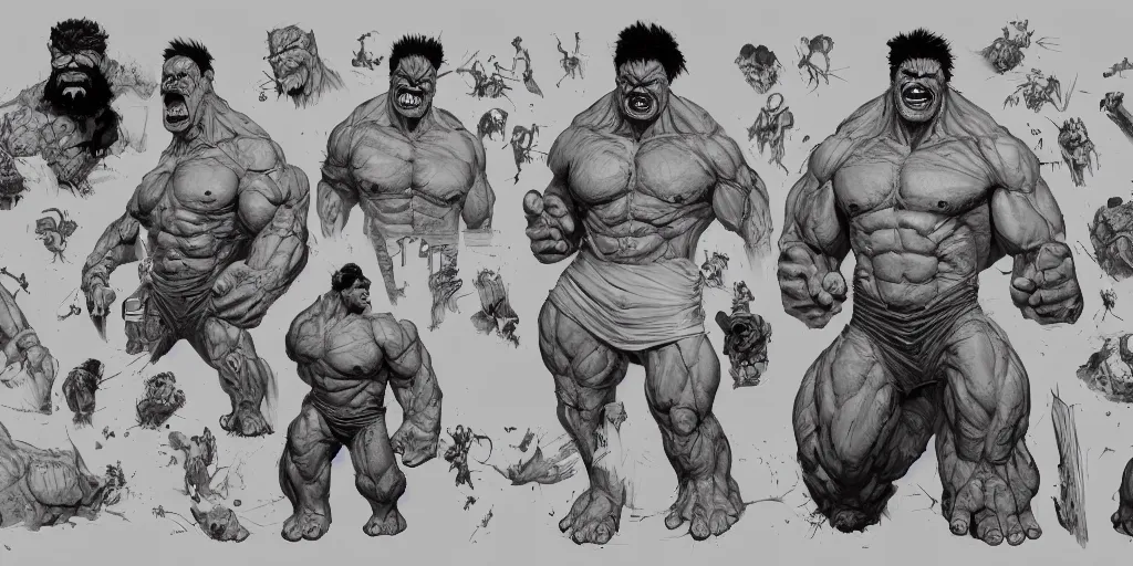 Prompt: hulk, character sheet, concept design, contrast, kim jung gi, greg rutkowski, zabrocki, karlkka, jayison devadas, trending on artstation, 8 k, ultra wide angle, pincushion lens effect